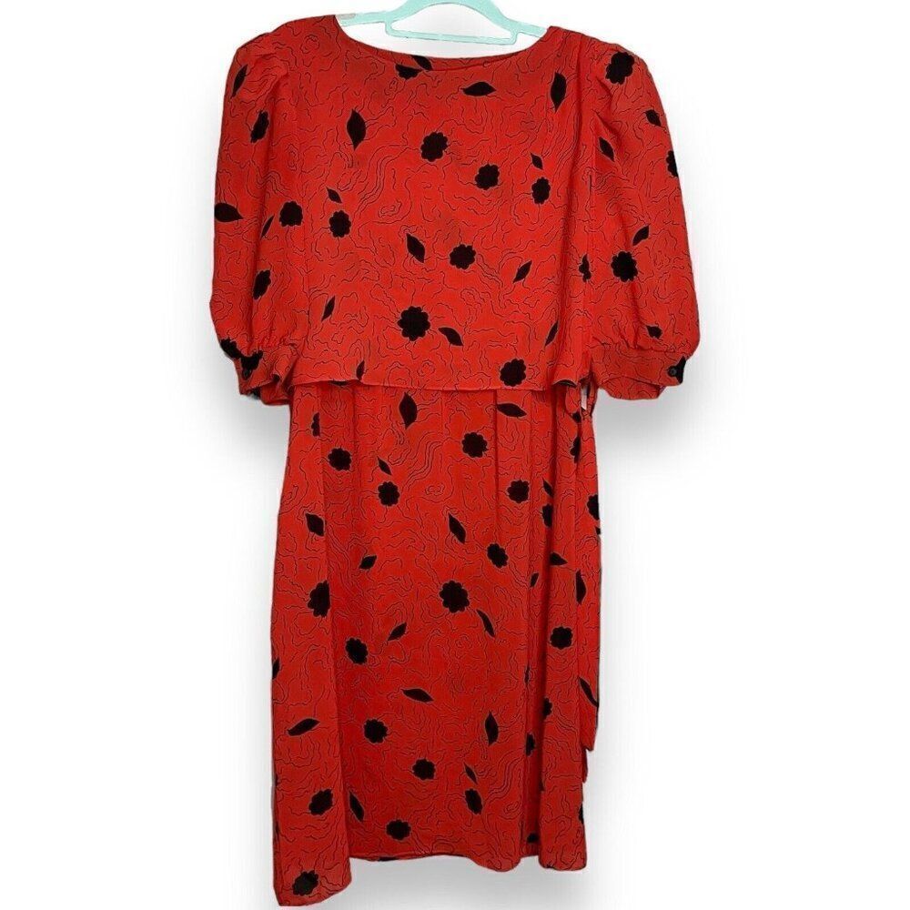 J.B Too Blouson Dress Women's Large Red Black Floral Print VTG Casual Boho EUC